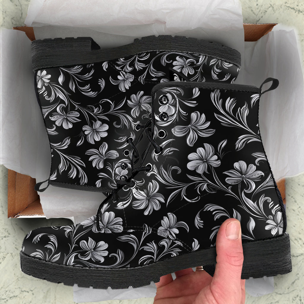 Black and White Flowers Boots