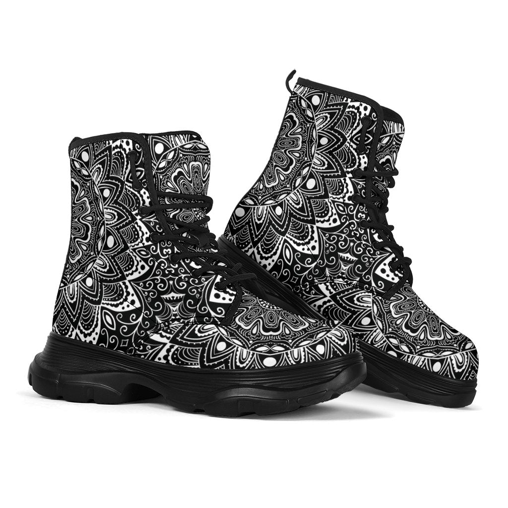 Black White Mandala Chunky Boots